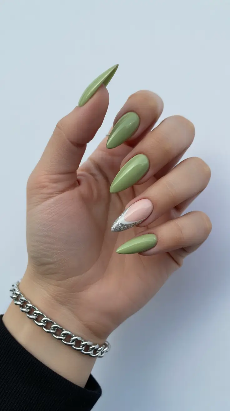 best classy spring nails 2026 Sage Gloss Almond with Silver Accent