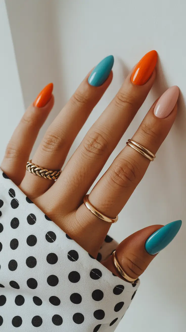 best classy spring nails 2026 Playful Contrast Almond in Bright Spring Tones