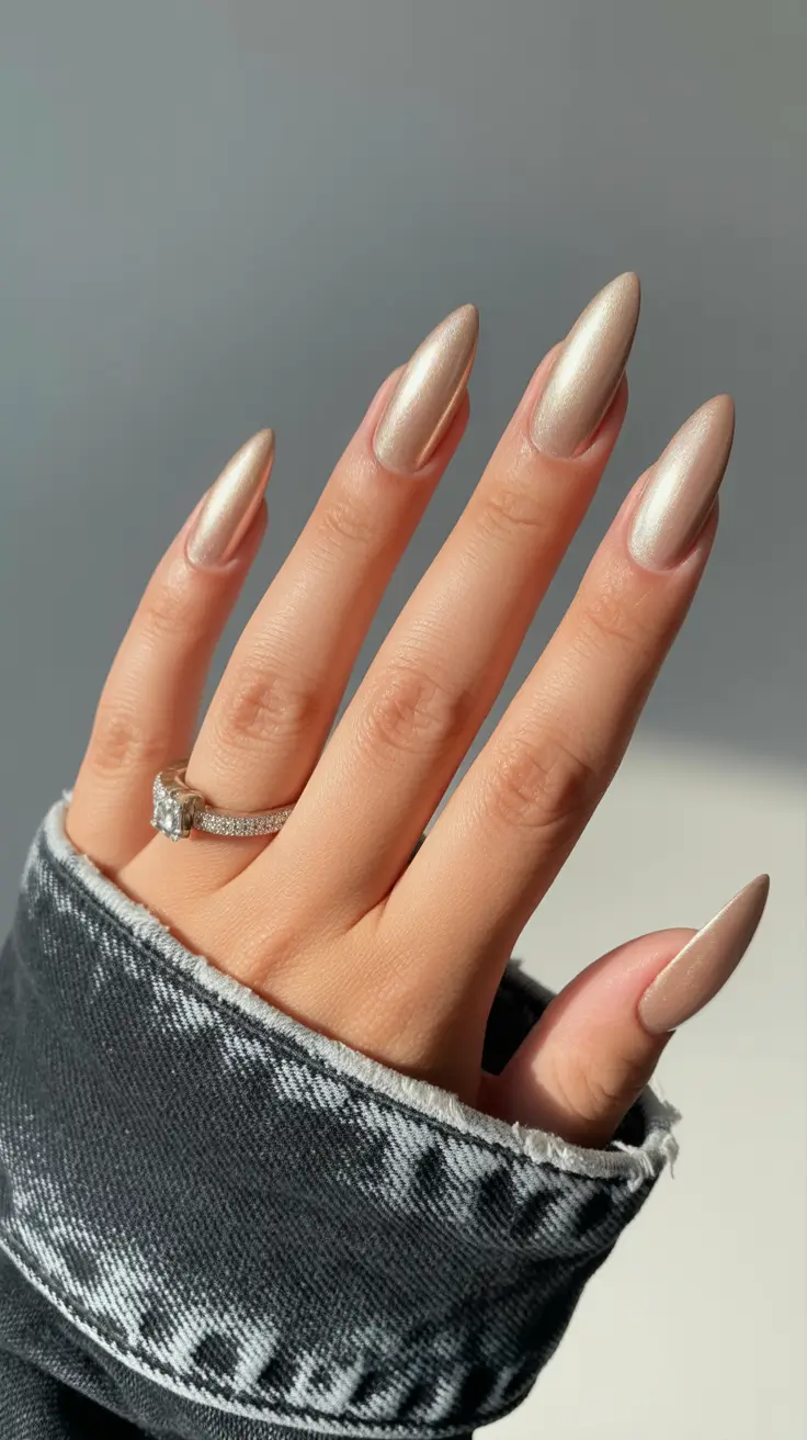 best classy spring nails 2026 Champagne Pearl Elegance on Long Almond