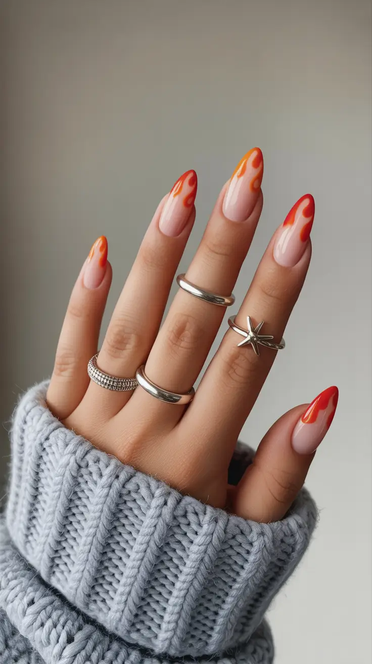 best classy spring nails 2026 Modern Flame French in Soft Almond