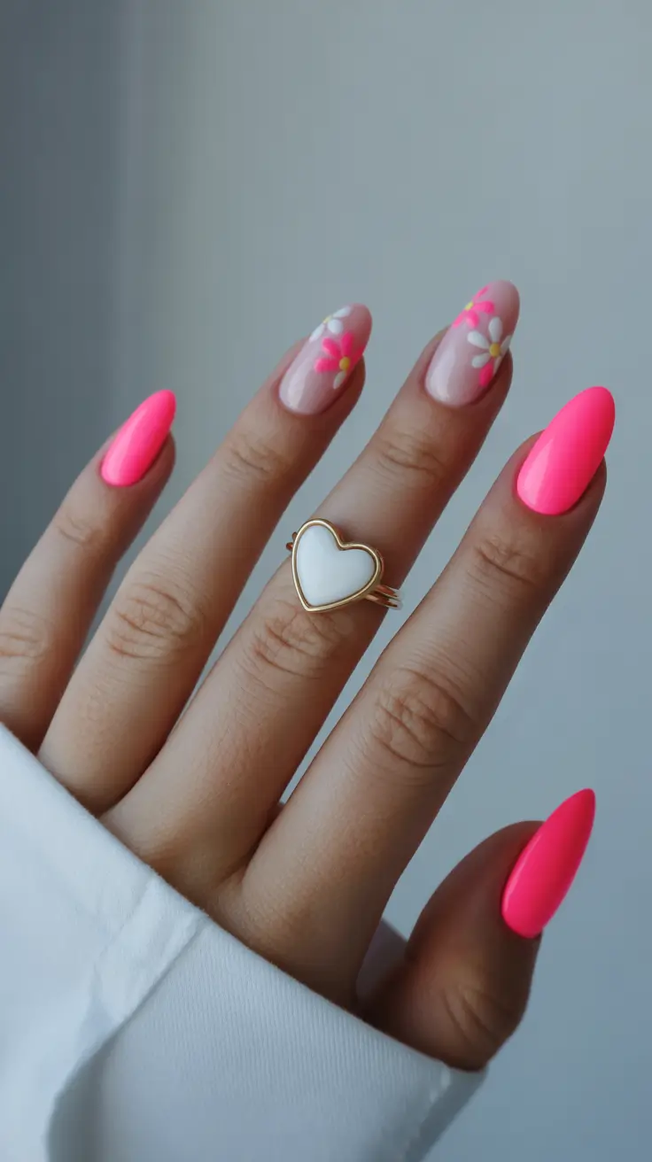 best classy spring nails 2026 Neon Pink Daisy Accent Almond