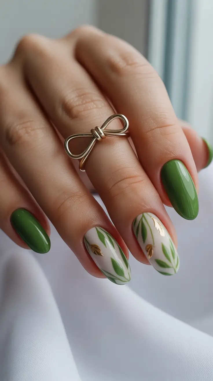 best classy spring nails 2026 Botanical Leaf Art on Glossy Green Almond