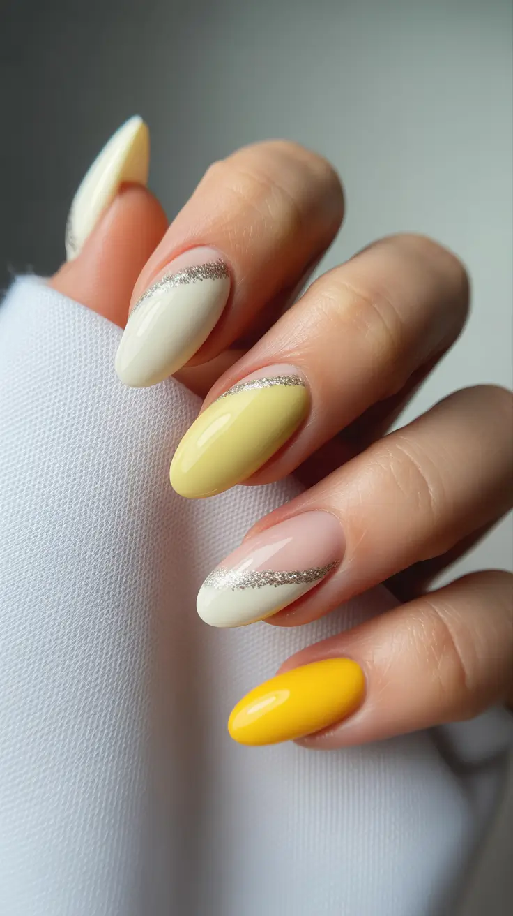 spring nail design yellow glitter manicure