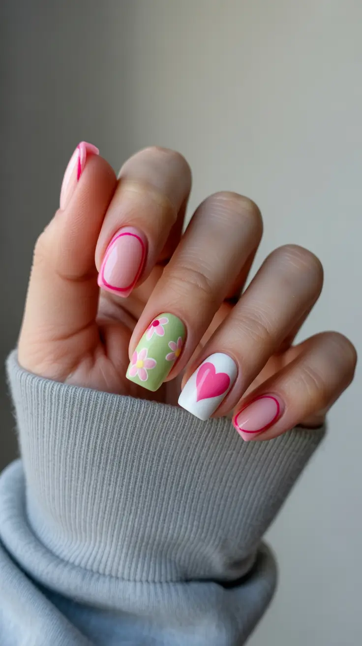 spring nail design heart daisy manicure