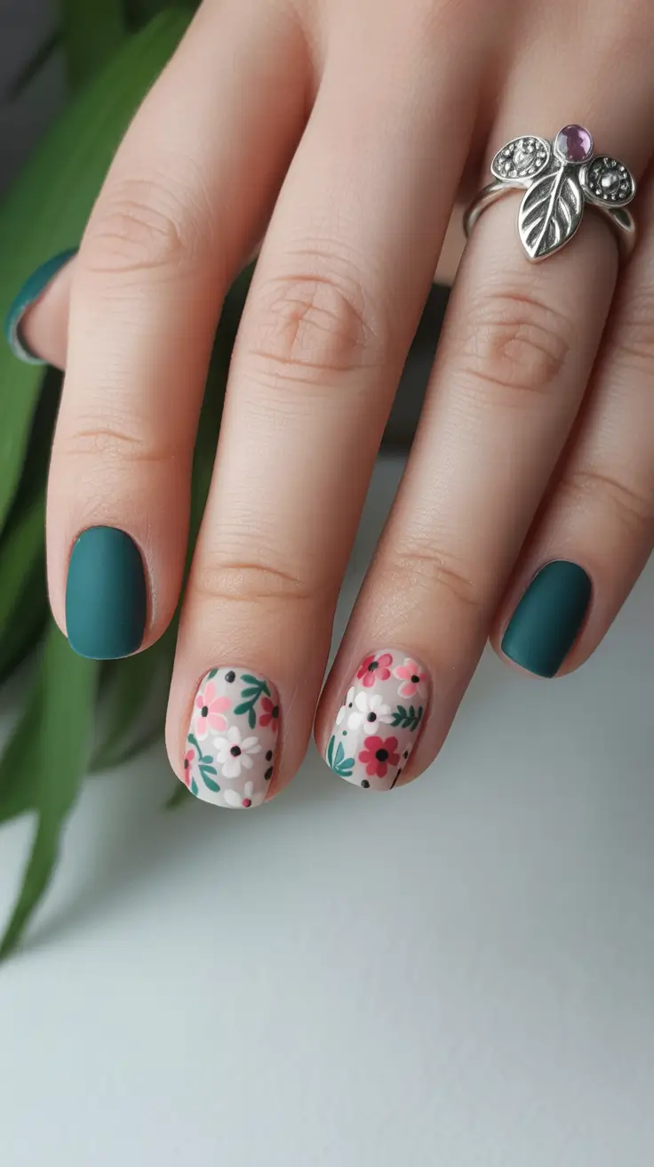 spring nail design matte green floral manicure