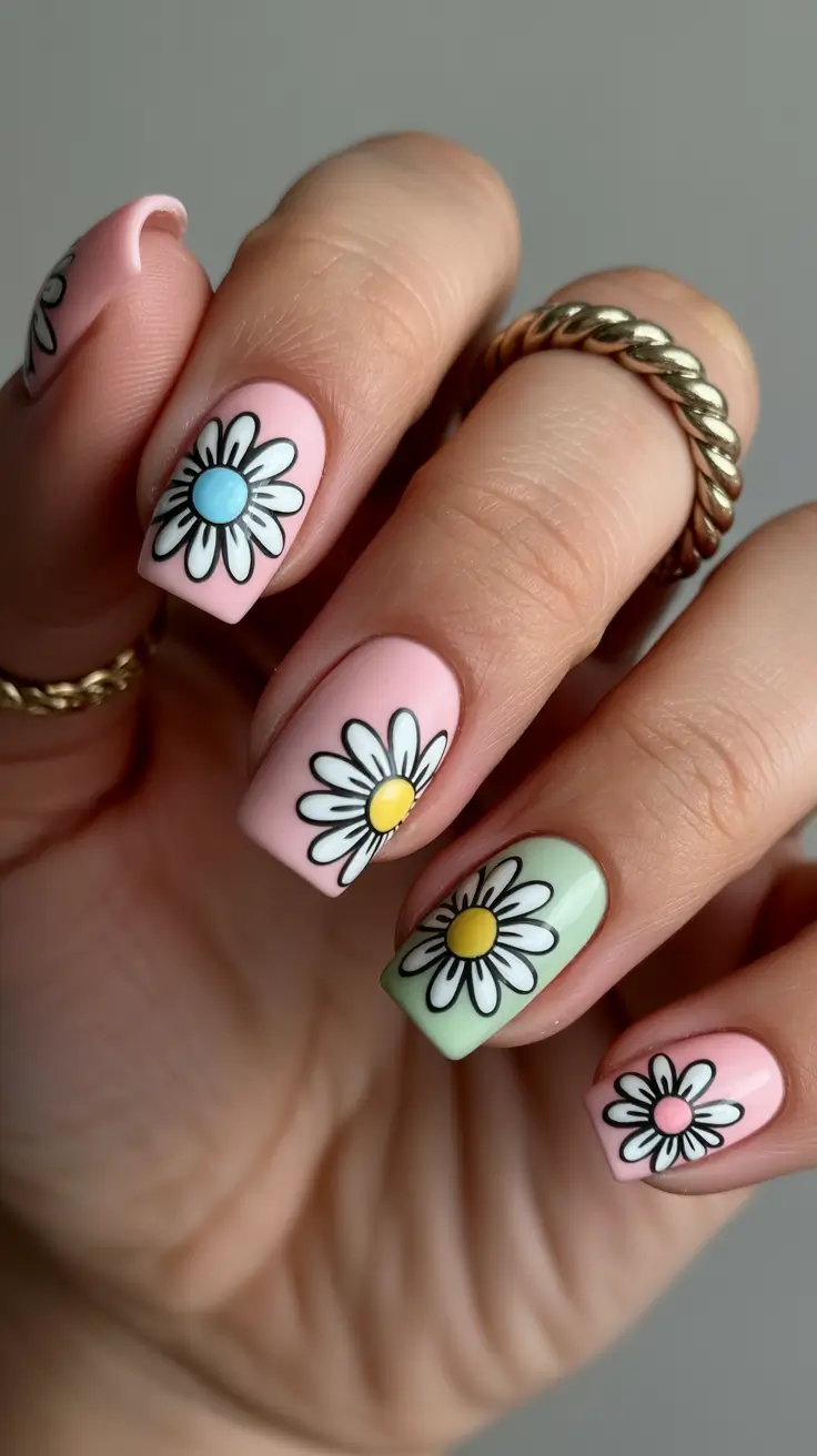 spring nail design pastel daisy manicure