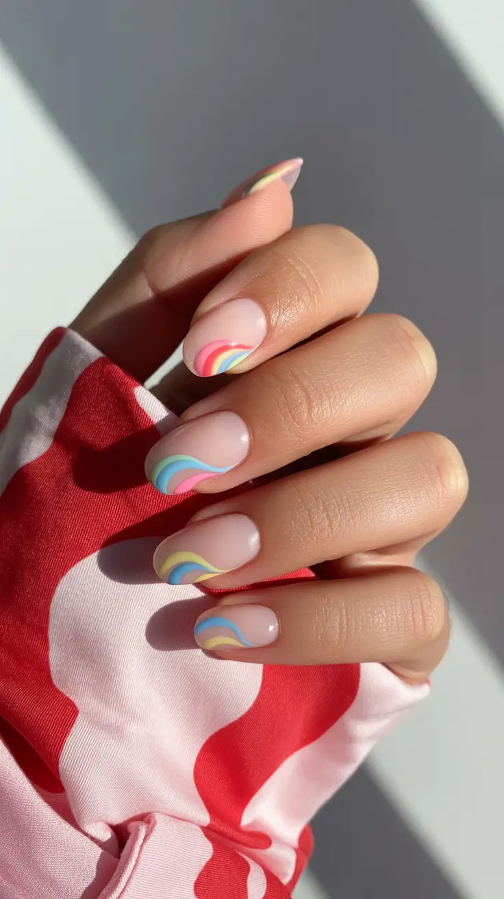 spring nail design pastel rainbow waves manicure