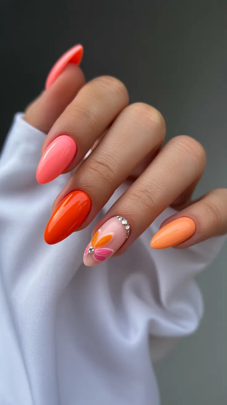 spring nail design coral floral manicure
