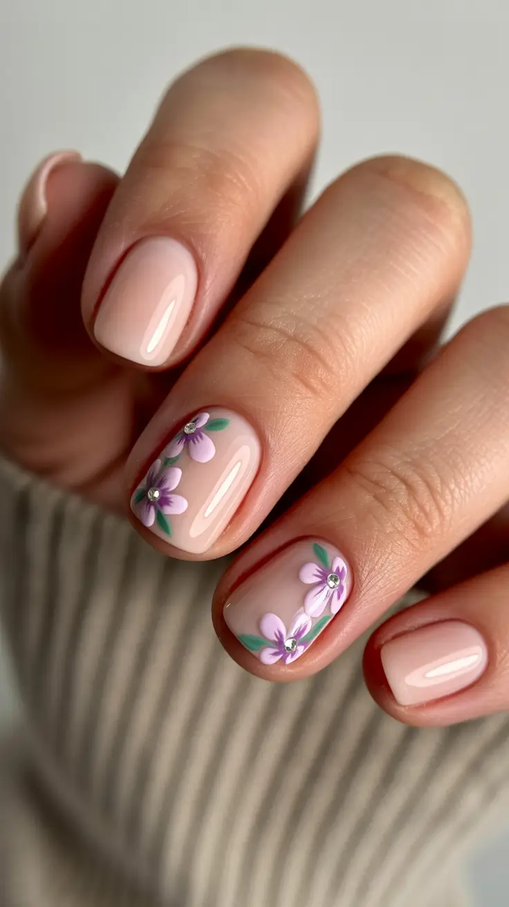 spring nail design nude lavender flower manicure
