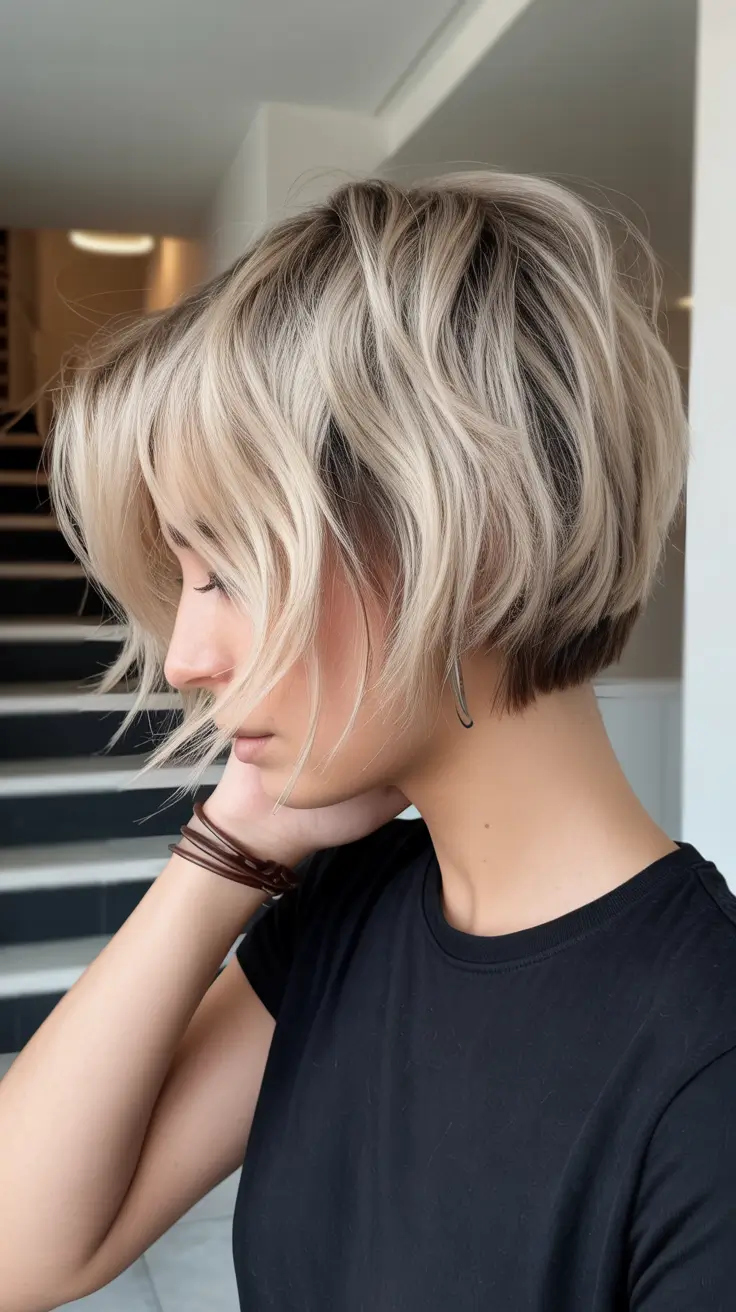 best summer hair color for blondes 2026 Textured Shadow Root Bob with Modern Edge