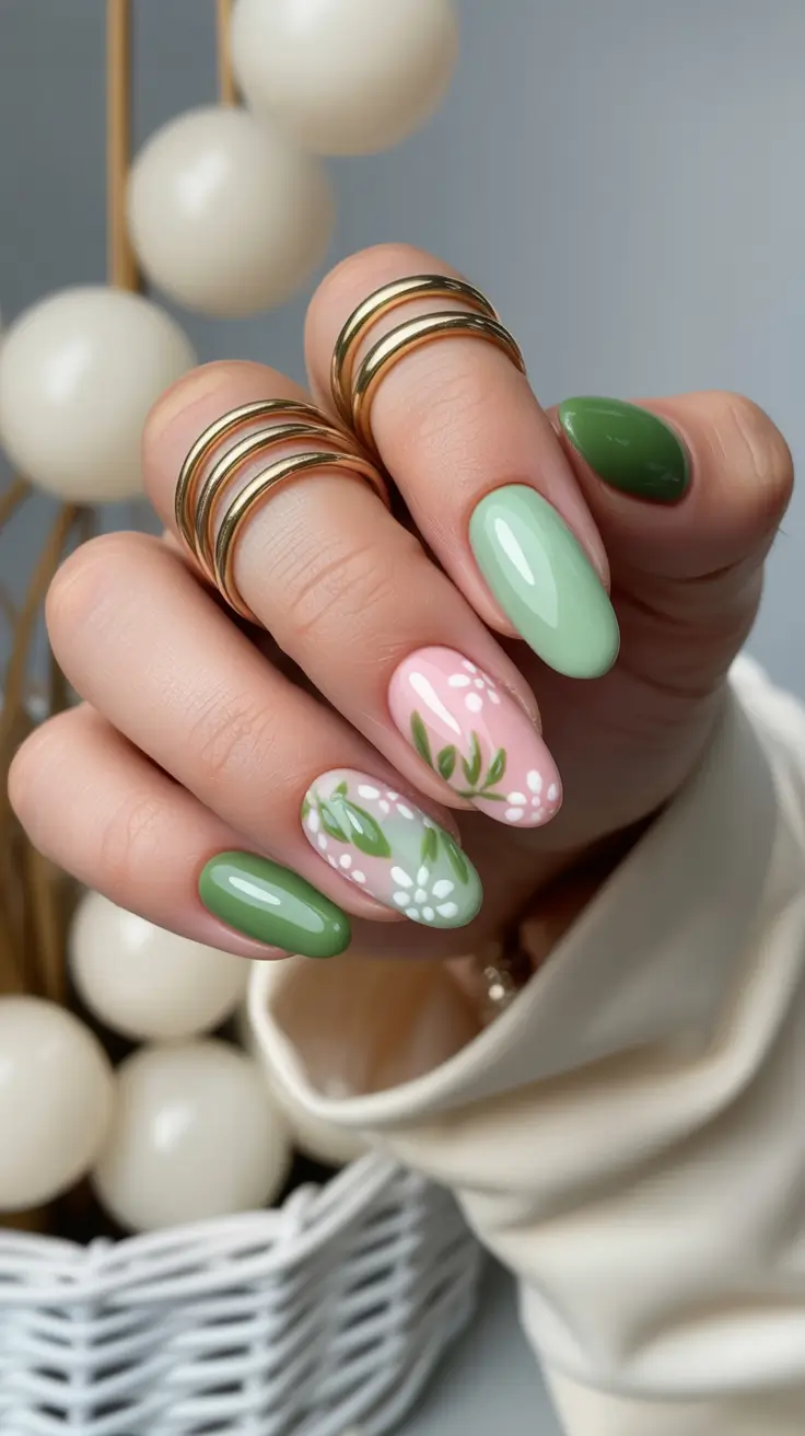 chic spring pastel nails for 2026 fresh mint floral design