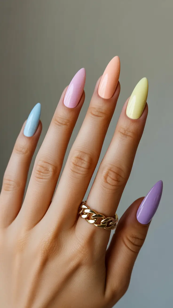 chic spring pastel nails for 2026 multi color pastel almond manicure