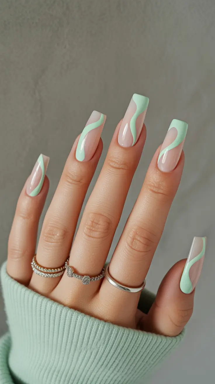chic spring pastel nails for 2026 mint wave square manicure
