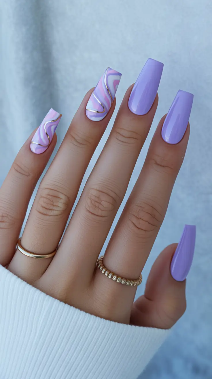 chic spring pastel nails for 2026 lavender marble acrylic square manicure