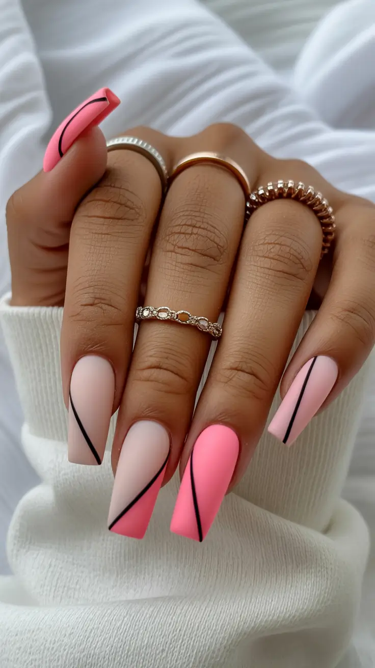 chic spring pastel nails for 2026 graphic pink square manicure