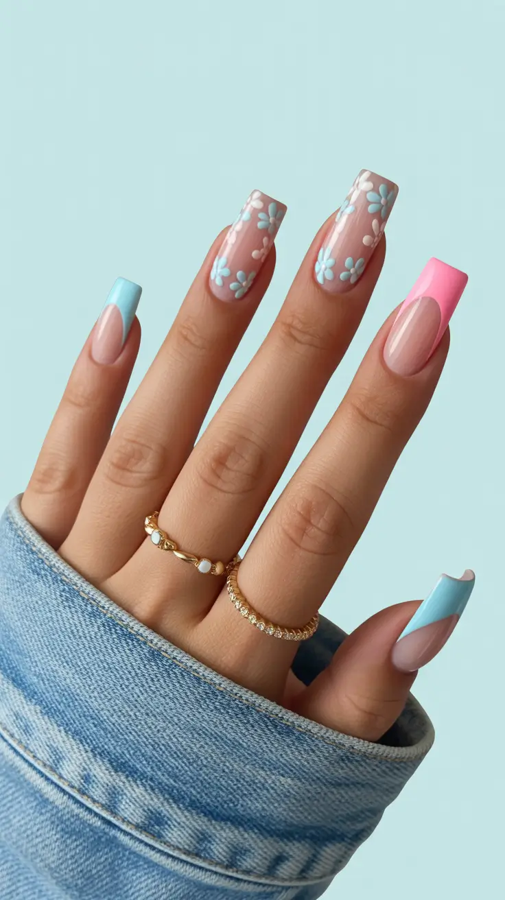 chic spring pastel nails for 2026 pastel french tip daisy manicure