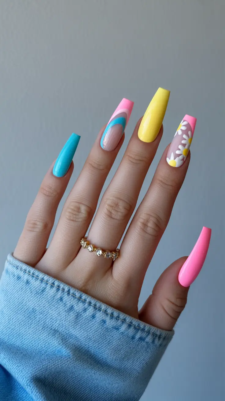 chic spring pastel nails for 2026 colorful retro pastel manicure