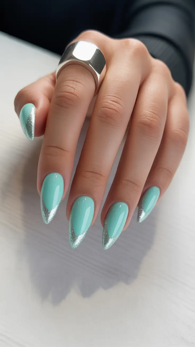 chic spring pastel nails for 2026 mint chrome almond manicure