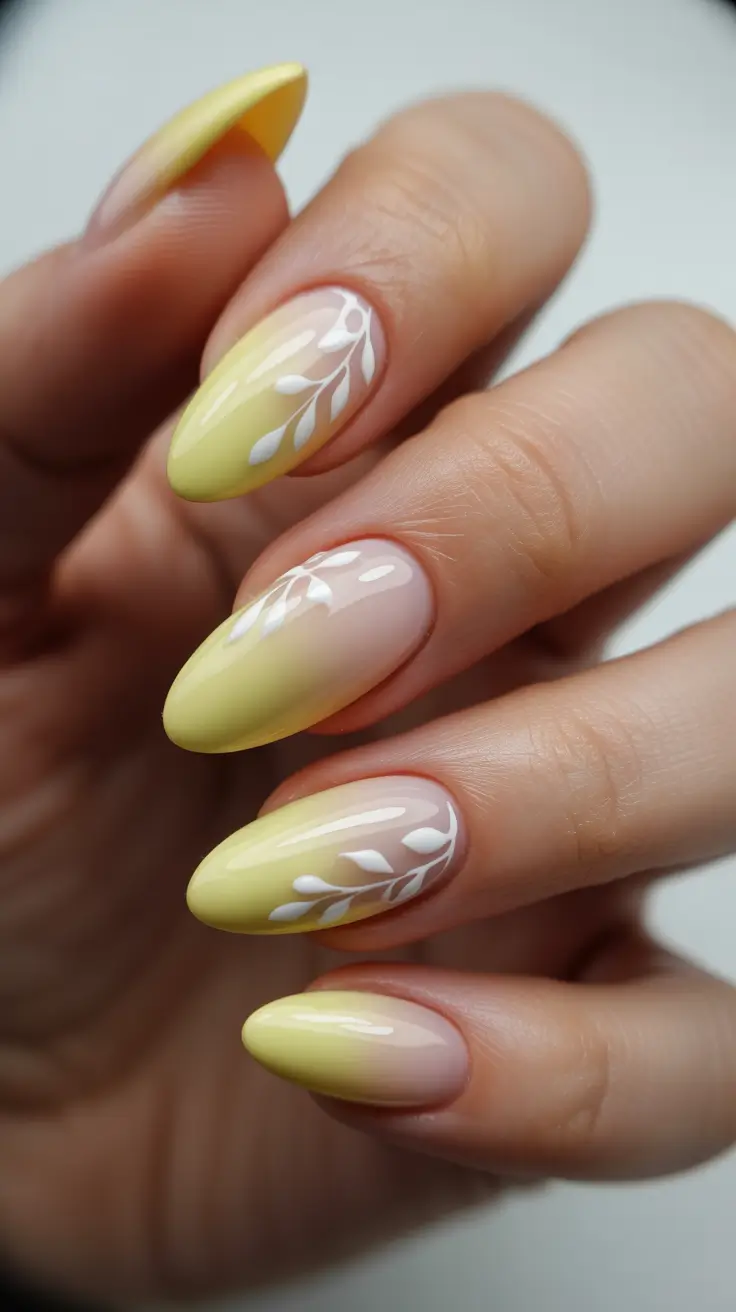 chic spring pastel nails for 2026 lemon ombre almond manicure