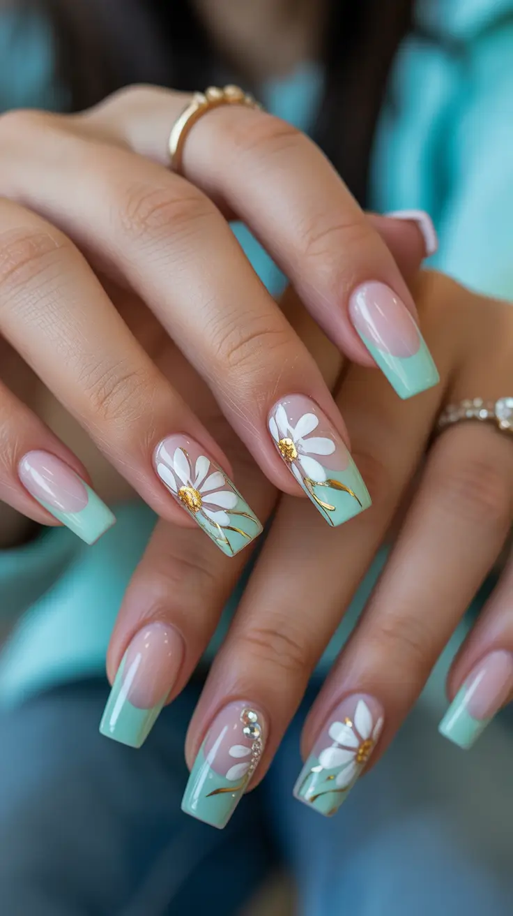 chic spring pastel nails for 2026 mint french tip daisy manicure