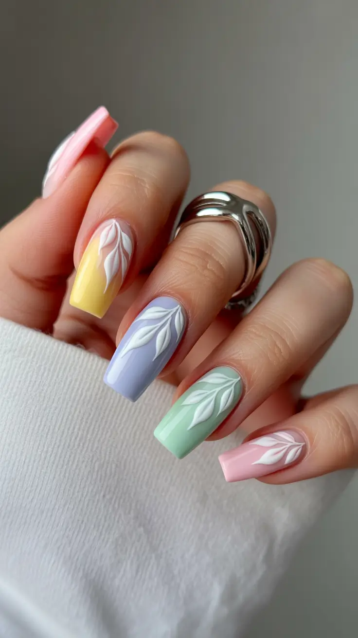 chic spring pastel nails for 2026 pastel botanical coffin manicure