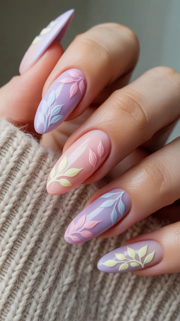 chic spring pastel nails for 2026 lavender floral almond manicure