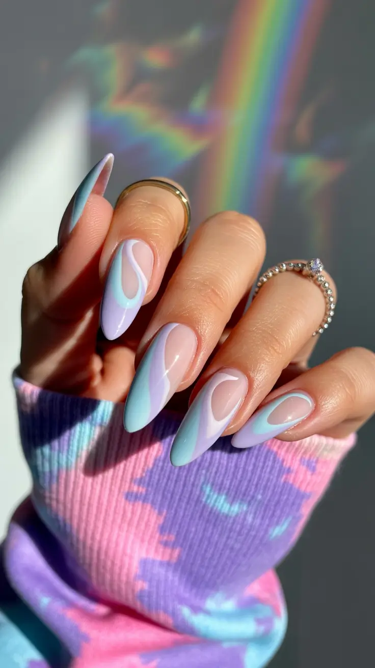 chic spring pastel nails for 2026 pastel swirl almond manicure