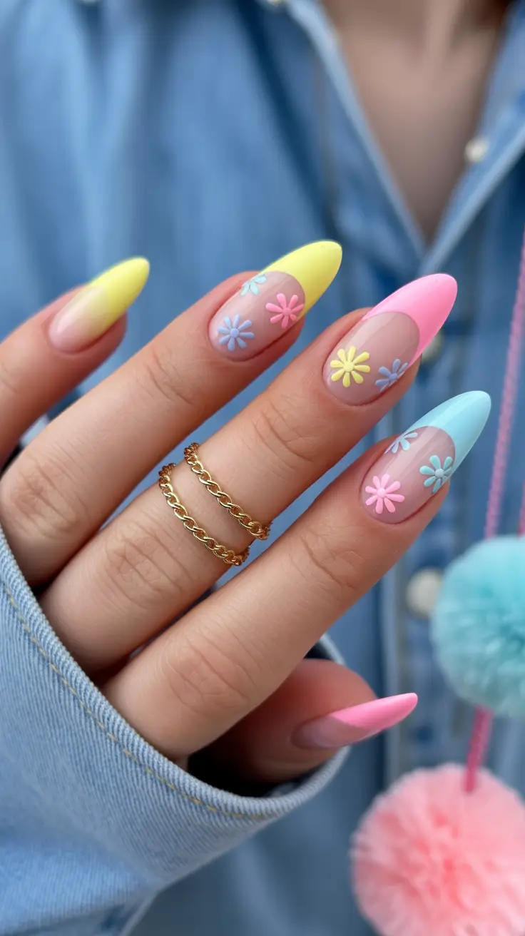 chic spring pastel nails for 2026 pastel daisy almond manicure