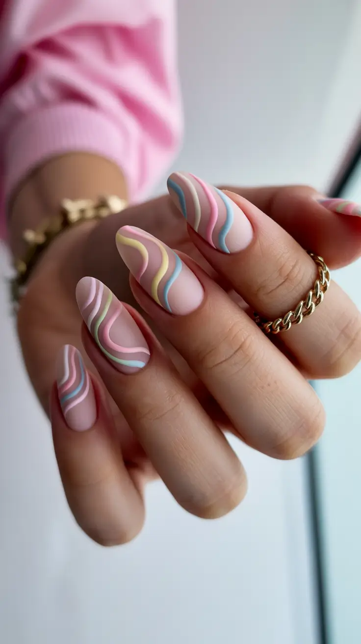chic spring pastel nails for 2026 pastel ribbon wave nail art