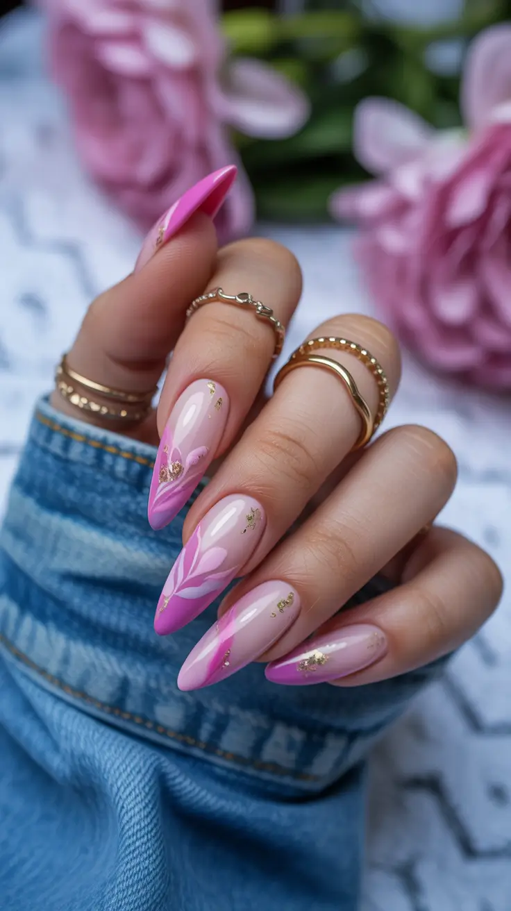 classy spring nails with sparkle 2026 Petal Pink Almond Elegance with Floating Gold Sparkle