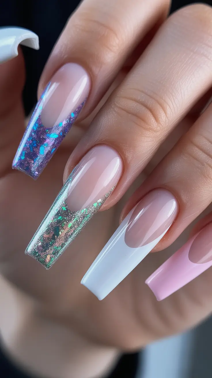classy spring nails with sparkle 2026 Long Coffin French Fade with Iridescent Glitter Tips