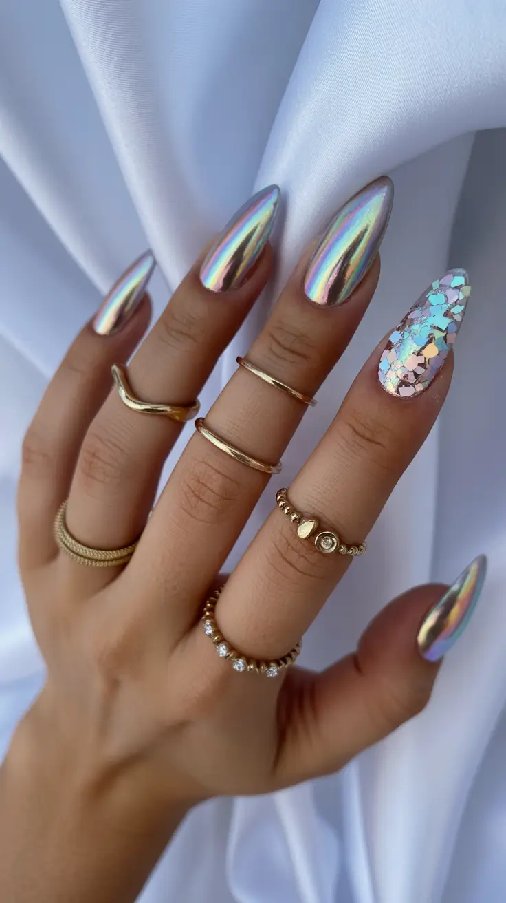 classy spring nails with sparkle 2026 Holographic Chrome Almond Nails with Mosaic Sparkle Accent