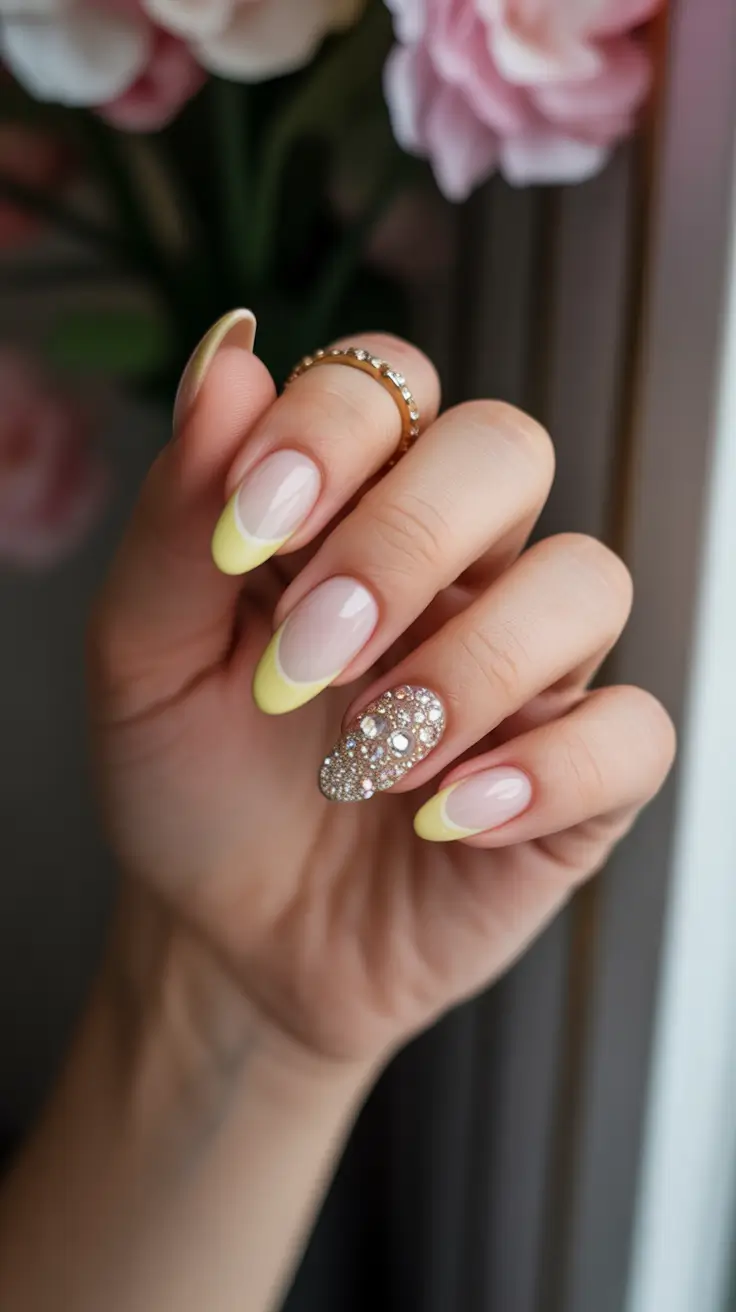 classy spring nails with sparkle 2026 Butter Yellow Micro French with Crystal Pave Sparkle