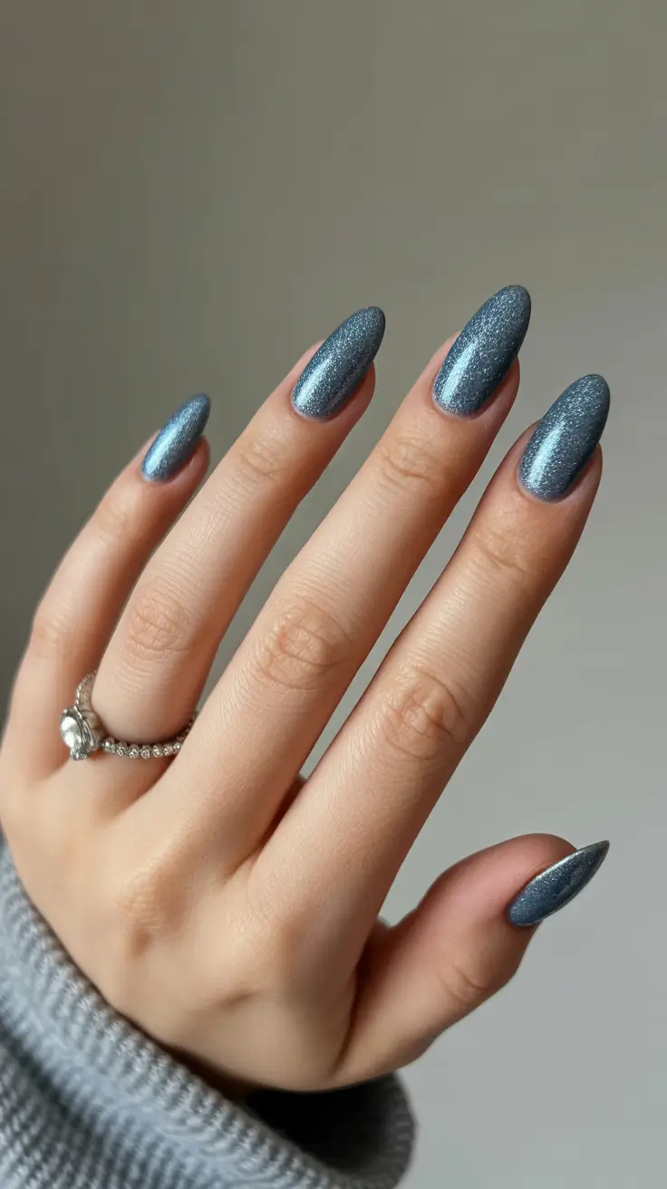 classy spring nails with sparkle 2026 Steel Blue Shimmer Almond Nails with Fine Sparkle