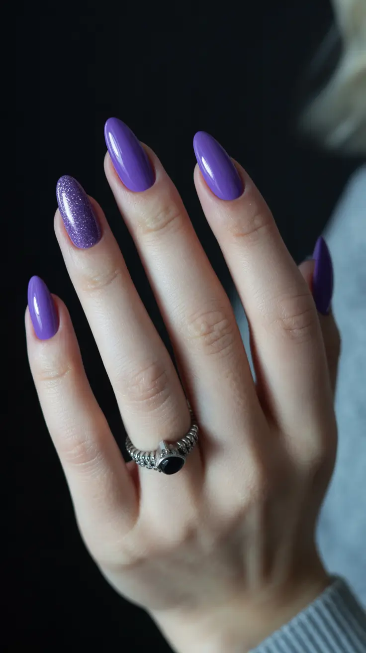 classy spring nails with sparkle 2026 Glossy Violet Almond Nails with Micro Glitter Accent