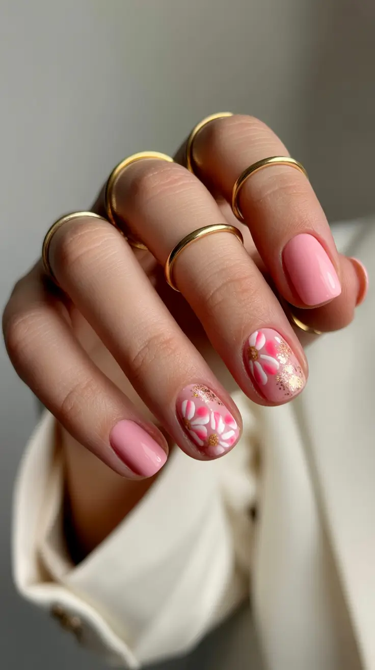 classy spring nails with sparkle 2026 Soft Pink Daisy Short Nails with Gold Sparkle