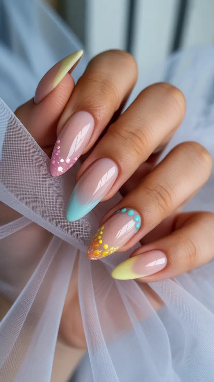 classy spring nails with sparkle 2026 Pastel Ombre Almond Nails with Dot Sparkle Details