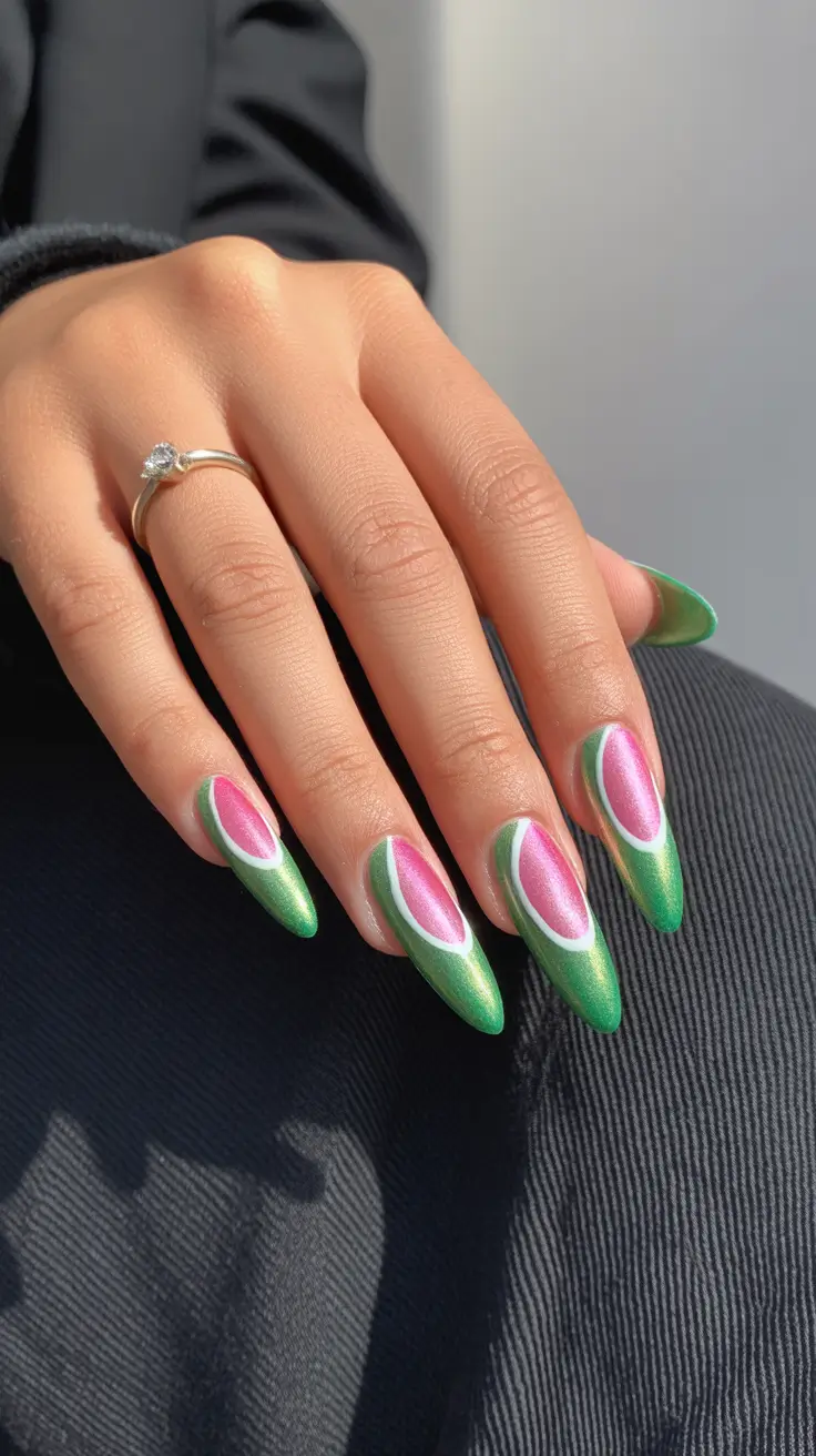 classy spring nails with sparkle 2026 Watermelon Chrome Almond Nails with Metallic Sparkle