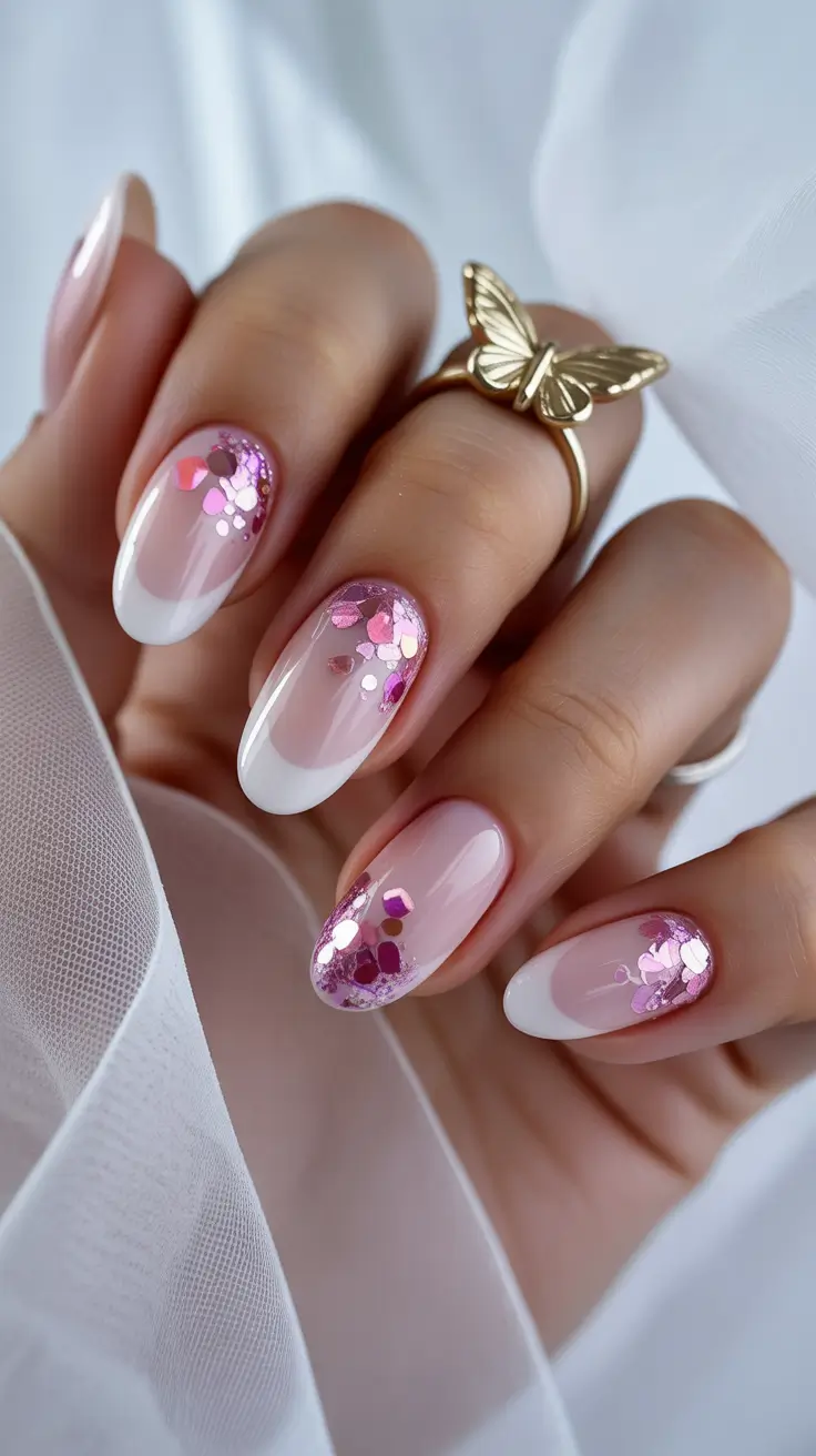 classy spring nails with sparkle 2026 Sheer French Blush with Rose Confetti Sparkle