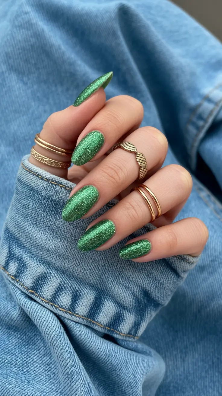 classy spring nails with sparkle 2026 Emerald Micro Glitter Almond Nails with Full Sparkle