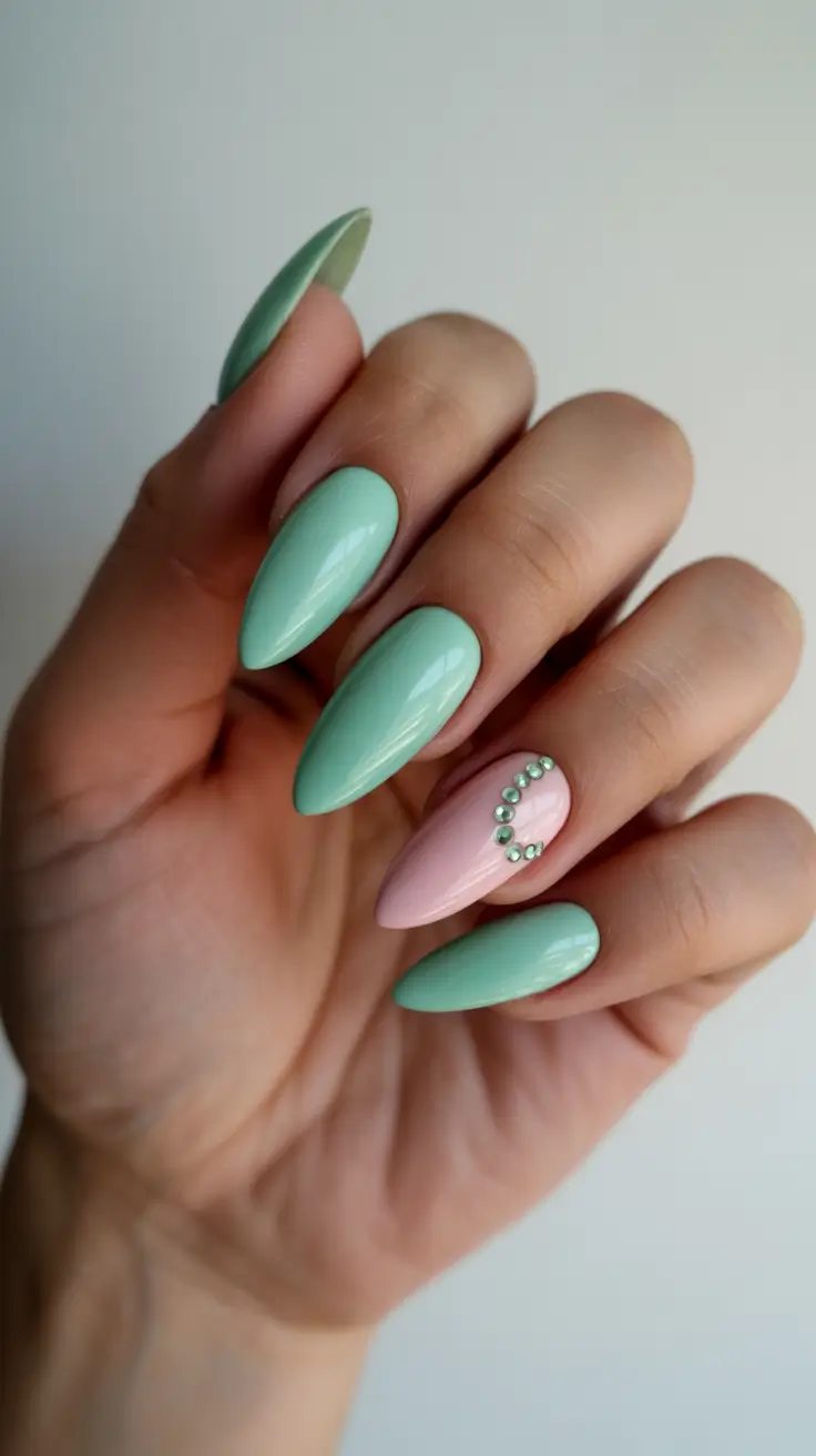 classy spring nails with sparkle 2026 Mint and Blush Almond Nails with Crystal Frame Sparkle
