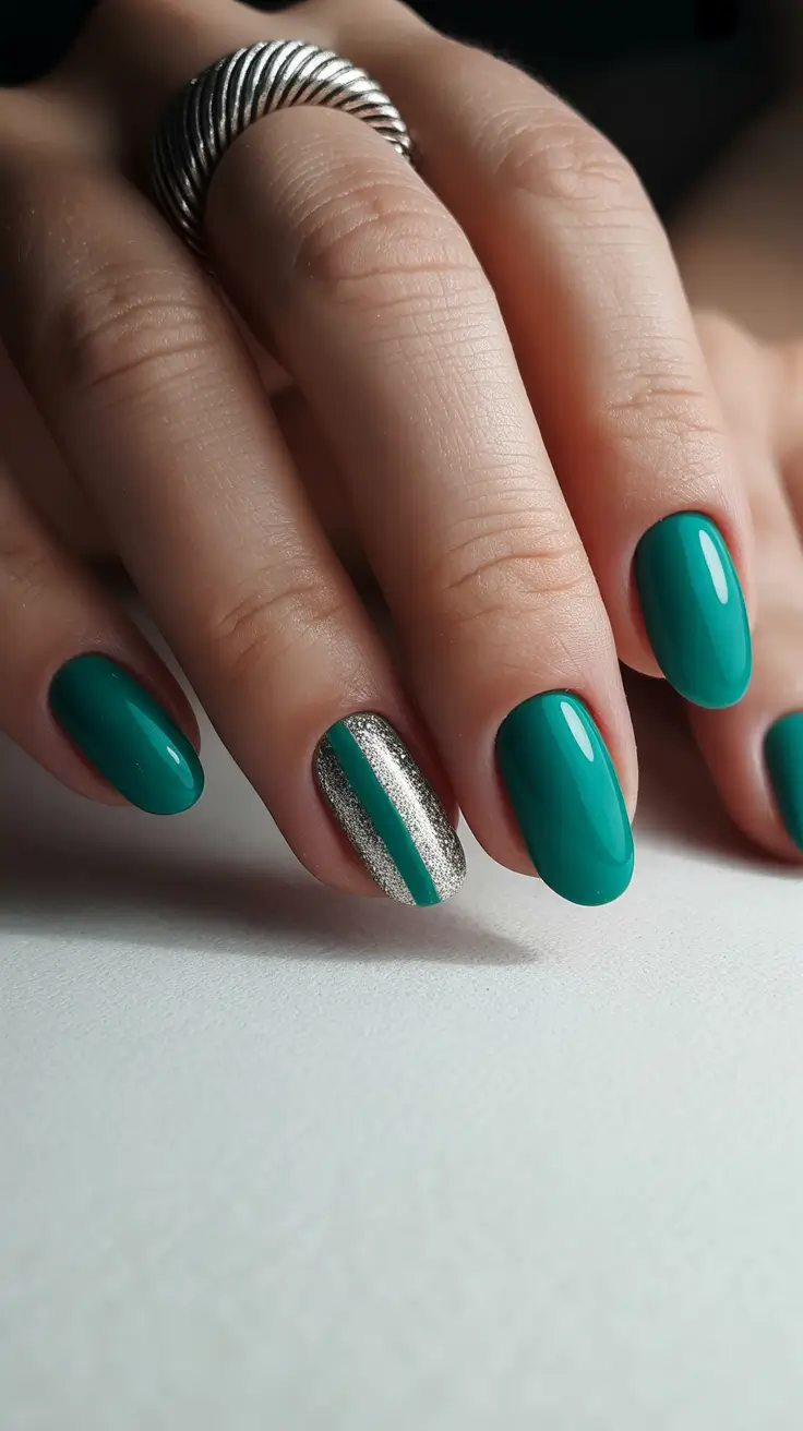 classy spring nails with sparkle 2026 Teal Gloss Almond Nails with Silver Stripe Sparkle Accent