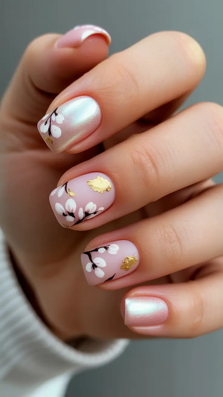 classy spring nails with sparkle 2026 Short Blossom Pearl Nails with Gold Leaf Sparkle