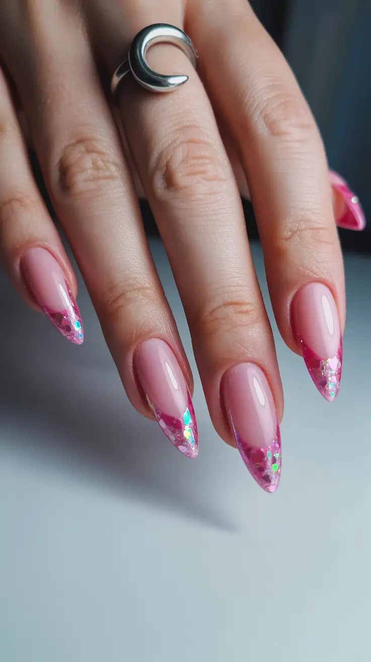 classy spring nails with sparkle 2026 Transparent Pink Crystal Tips with Iridescent Sparkle