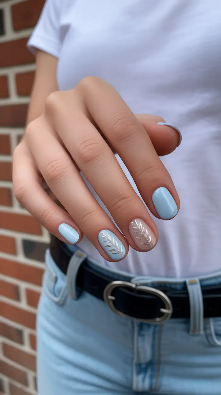 classy spring nails with sparkle 2026 Powder Blue Minimal Leaf Nails with Silver Sparkle