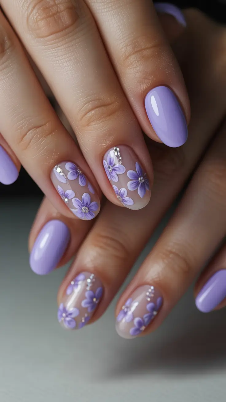 classy spring nails with sparkle 2026 Lavender Blossom Sheer Nails with Crystal Sparkle