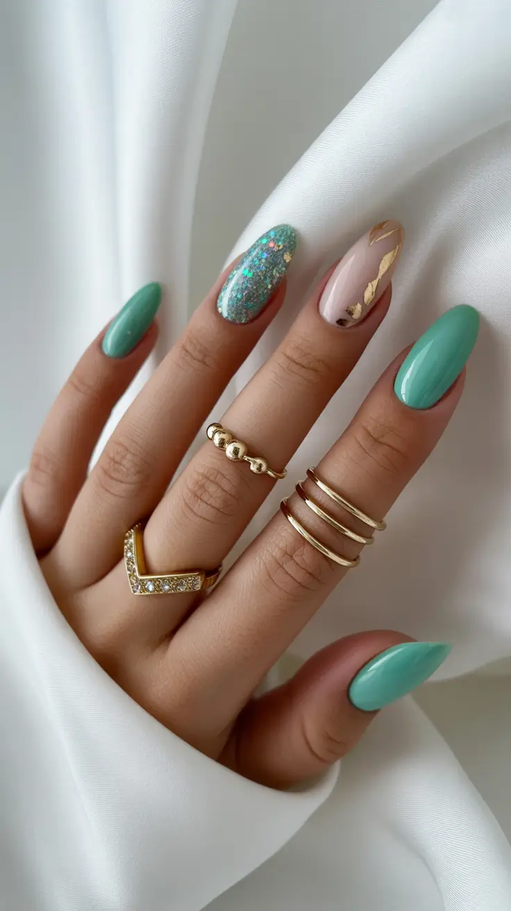 classy spring nails with sparkle 2026 Mint Green Gloss Nails with Gold Leaf Accent Sparkle