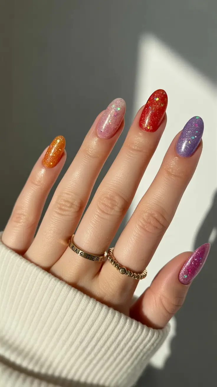 classy spring nails with sparkle 2026 Multicolor Glitter Jelly Nails with Confetti Sparkle