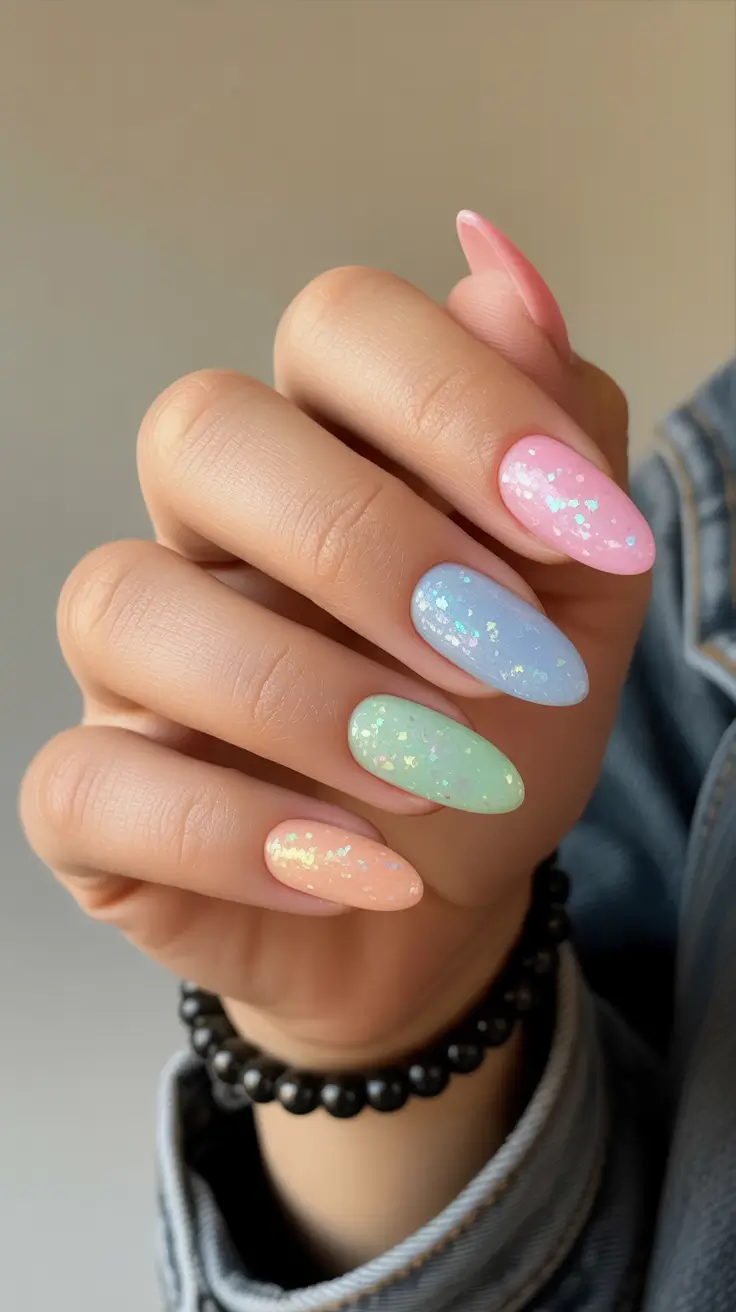 classy spring nails with sparkle 2026 Pastel Almond Nails with Opal Flake Sparkle
