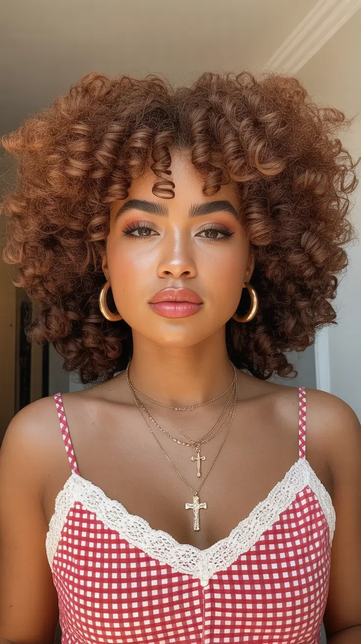cool spring hair color for dark skin 2026 Warm Cinnamon Spiral Curls with Radiant Spring Volume